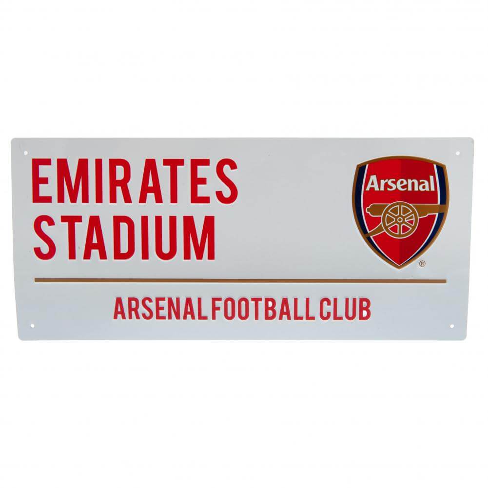 Arsenal FC Colour Crest Street Sign LKT Sport Gloss finish design stamped metal wall signEmirates Stadium road sign, the home of Arsenal FC on a white backgroundReady to hang on the wall with four small holes for fixingOfficial licensed productApprox 40cm