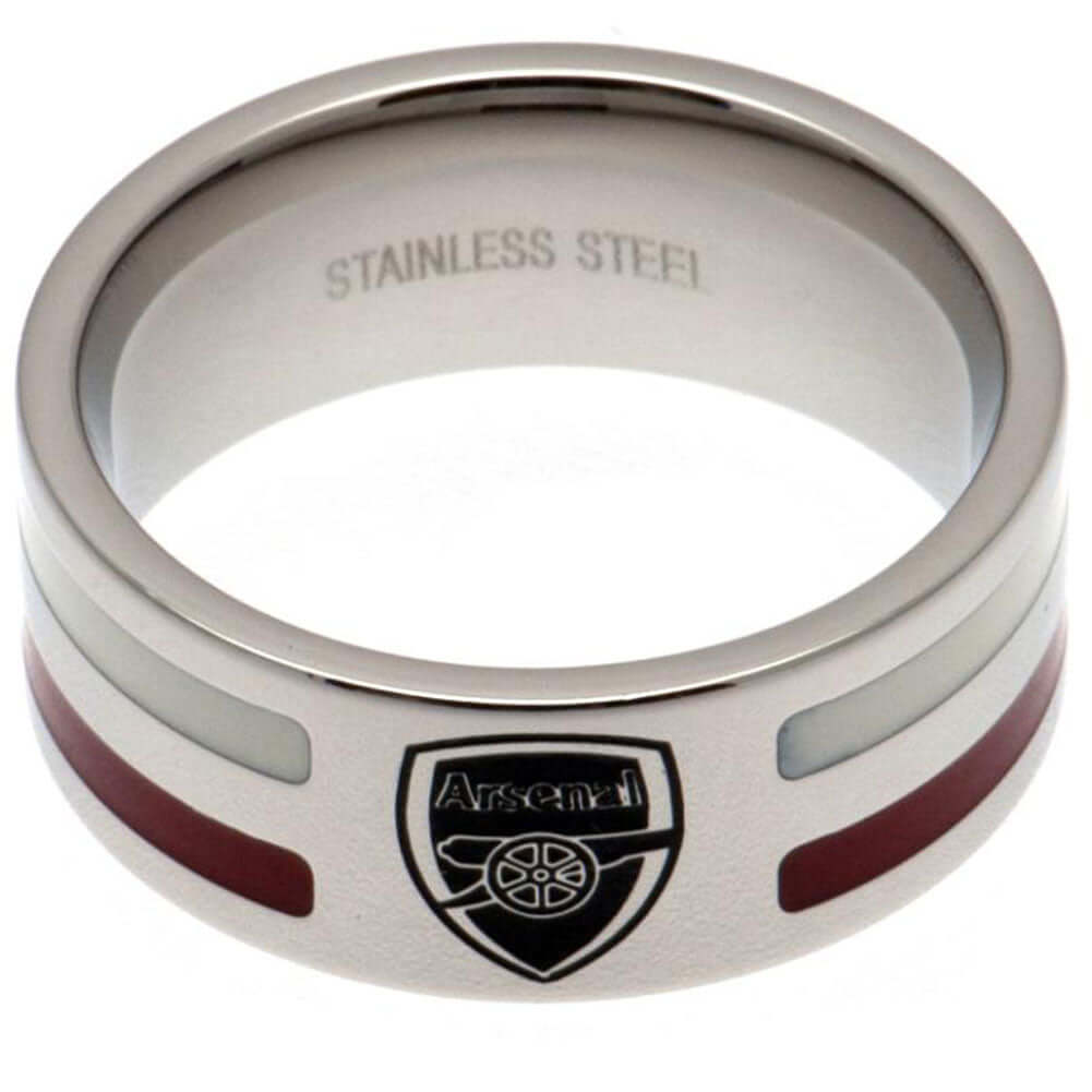 Arsenal FC Colour Stripe Ring Large LKT Sport Stainless steel ring featuring red and white colour insertsChrome finish and engraved with the Arsenal crestOfficial licensed productInternal diameter approx 21mmRing size X Rings