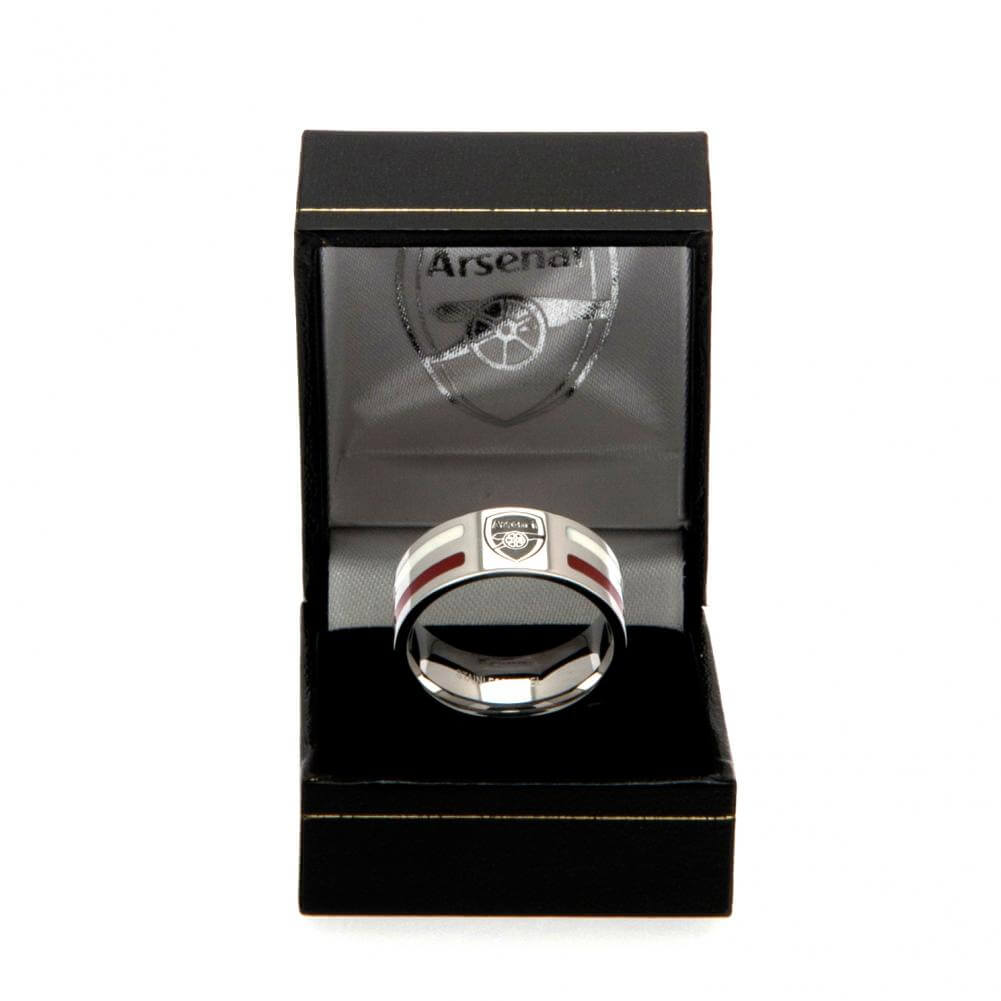 Arsenal FC Colour Stripe Ring Large LKT Sport Stainless steel ring featuring red and white colour insertsChrome finish and engraved with the Arsenal crestOfficial licensed productInternal diameter approx 21mmRing size X Rings
