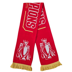 Arsenal FC Gold Premier League Champions Scarf LKT Sport Red and white jacquard knit scarf with gold fringeWith Champions 25/26 text in white and goldBoth sides feature a large Arsenal club crest and Premier League trophy at each endOfficial licensed prod