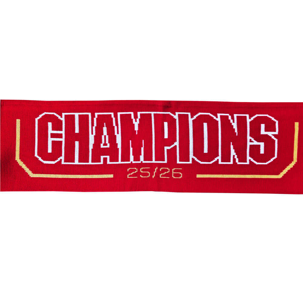 Arsenal FC Gold Premier League Champions Scarf LKT Sport Red and white jacquard knit scarf with gold fringeWith Champions 25/26 text in white and goldBoth sides feature a large Arsenal club crest and Premier League trophy at each endOfficial licensed prod