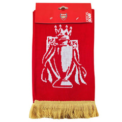 Arsenal FC Gold Premier League Champions Scarf LKT Sport Red and white jacquard knit scarf with gold fringeWith Champions 25/26 text in white and goldBoth sides feature a large Arsenal club crest and Premier League trophy at each endOfficial licensed prod