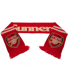 Arsenal FC Gunners Scarf LKT Sport Red jacquard knit scarf with white stripe detail and red fringeArsenal text in white and gold and Gunners on the reverseBoth sides feature a large Arsenal club crest at each endOfficial licensed productApprox 132cm x 19c