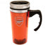 Arsenal FC Handled Travel Mug LKT Sport Stainless steel double-walled thermal travel mugMaintains the temperature of your drink for longerRed translucent finish with a printed Arsenal crestScrew top lid with slide closing drinking holeFeatures an ergonomi