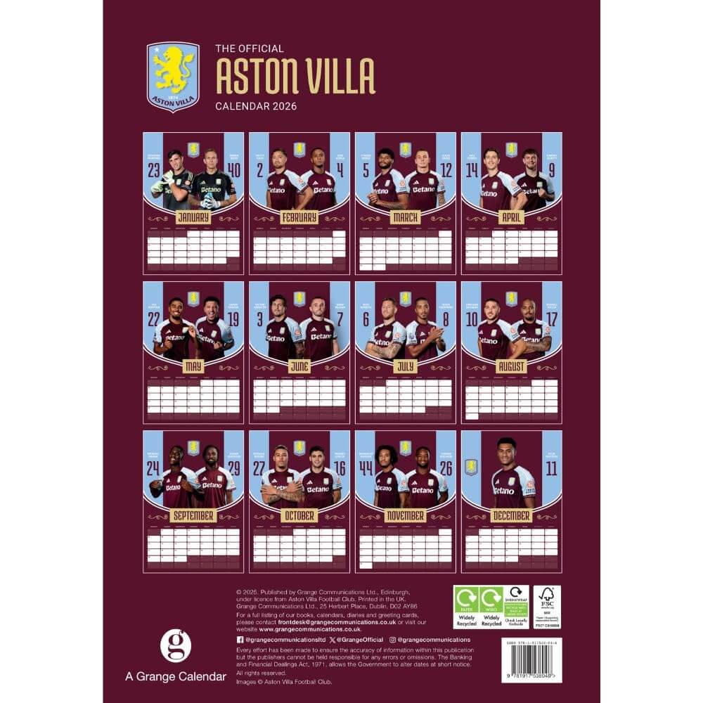 Aston Villa FC A3 Calendar 2026 LKT Sport Football>Premier League>Aston Villa FC Wall Calendars