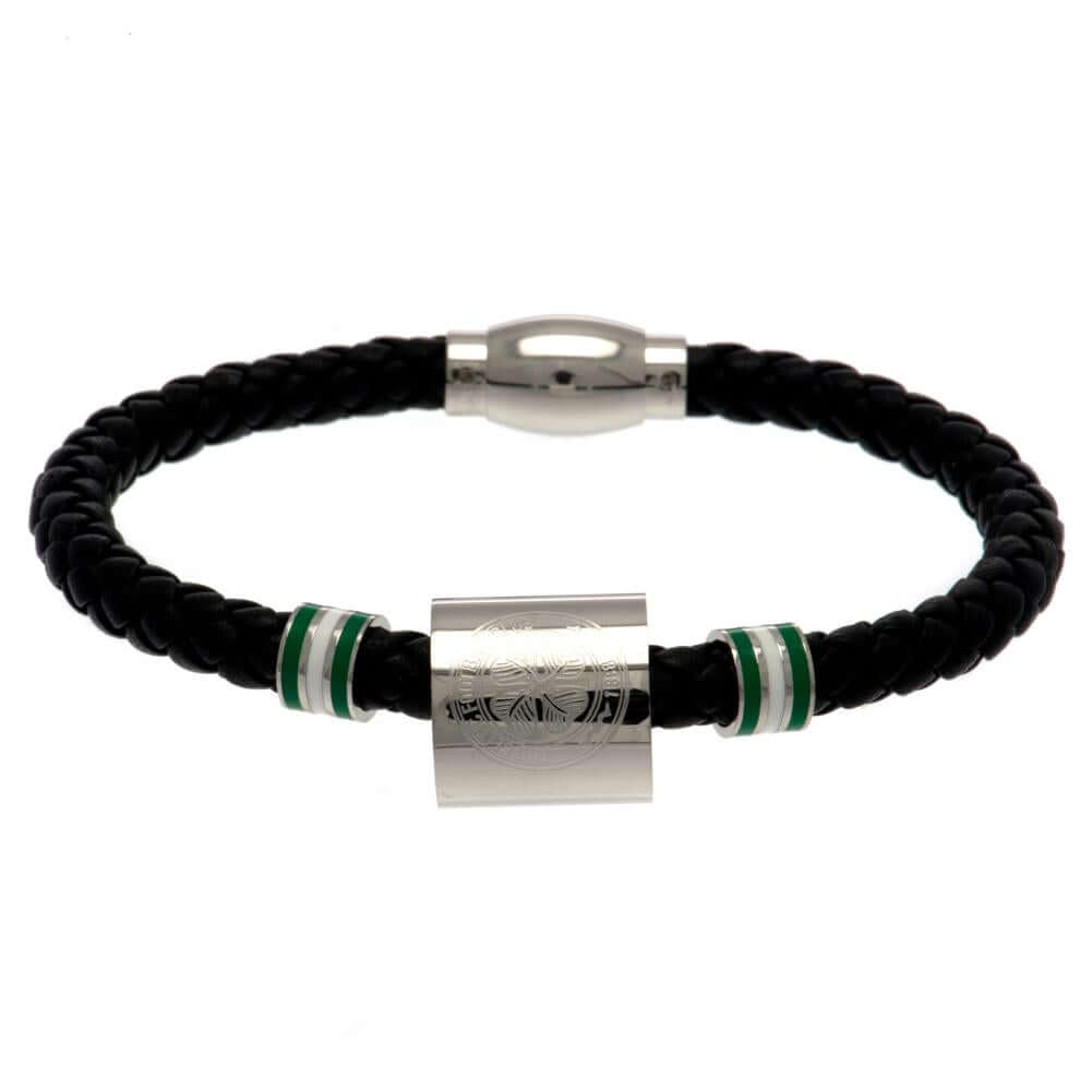 Celtic FC Colour Ring Leather Bracelet LKT Sport Rope design bracelet made from genuine leatherBlack bracelet featuring stainless steel colour rings and an engraved club crestWith a stainless steel magnetic claspOfficial licensed productApprox 20cm x 0.5c