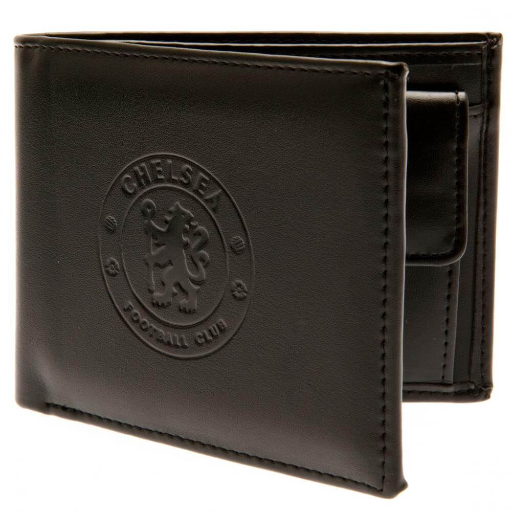Chelsea FC Debossed Wallet LKT Sport Black PU wallet featuring a large debossed club crest3 card slots and 2 note pocketsChange pocket with secure stud fastener1 additional compartmentOfficial licensed productApprox 11cm x 9cm Wallets