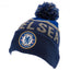 Chelsea FC Navy Text Ski Hat LKT Sport Navy and royal cuff knit beanie bobble hat with grey marl stripe detail Features a three colour bobble, Chelsea jacquard knit text and woven crest Official licensed product One size fits all With a swing tag Beanies