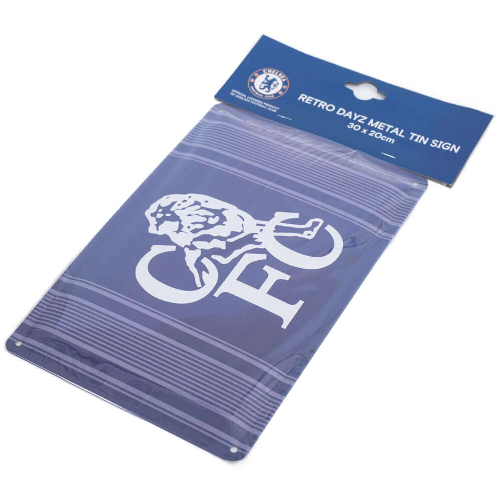 Chelsea FC Retro Days Sign LKT Sport Blue metal tin sign featuring a retro Chelsea crest in the centreReady to hang on the wall with four small holes for fixingOfficial licensed productApprox 30cm x 20cm Novelty Signs