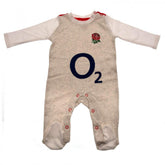 England RFU Sleepsuit 12/18 mths GR LKT Sport This long sleeved baby sleepsuit features the famous England RFU rose Home kit design with an embroidered crest and printed sponsor Soft comfortable fit with press stud fastening Main: 100% Cotton, Trim: 96% C