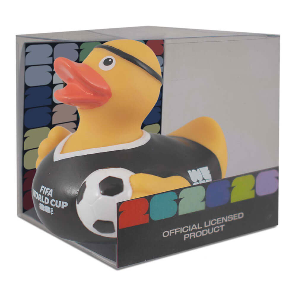 FIFA World Cup 2026 Yellow Rubber Duck LKT Sport Yellow bath time rubber duck with an orange beakFeatures a black referee kit and footballWith the FIFA World Cup 2026 logoOfficial licensed productApprox 9cm x 9cm x 7cm Rubber Duckies