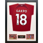Liverpool FC Gakpo Signed Shirt (Framed) LKT Sport Liverpool FC 2022-2023 season replica shirtHand signed on the number by Cody GapkoPersonally signed in Liverpool on the 7th November 2023Featuring imagery and the text Cody Gakpo, LiverpoolMounted in a st