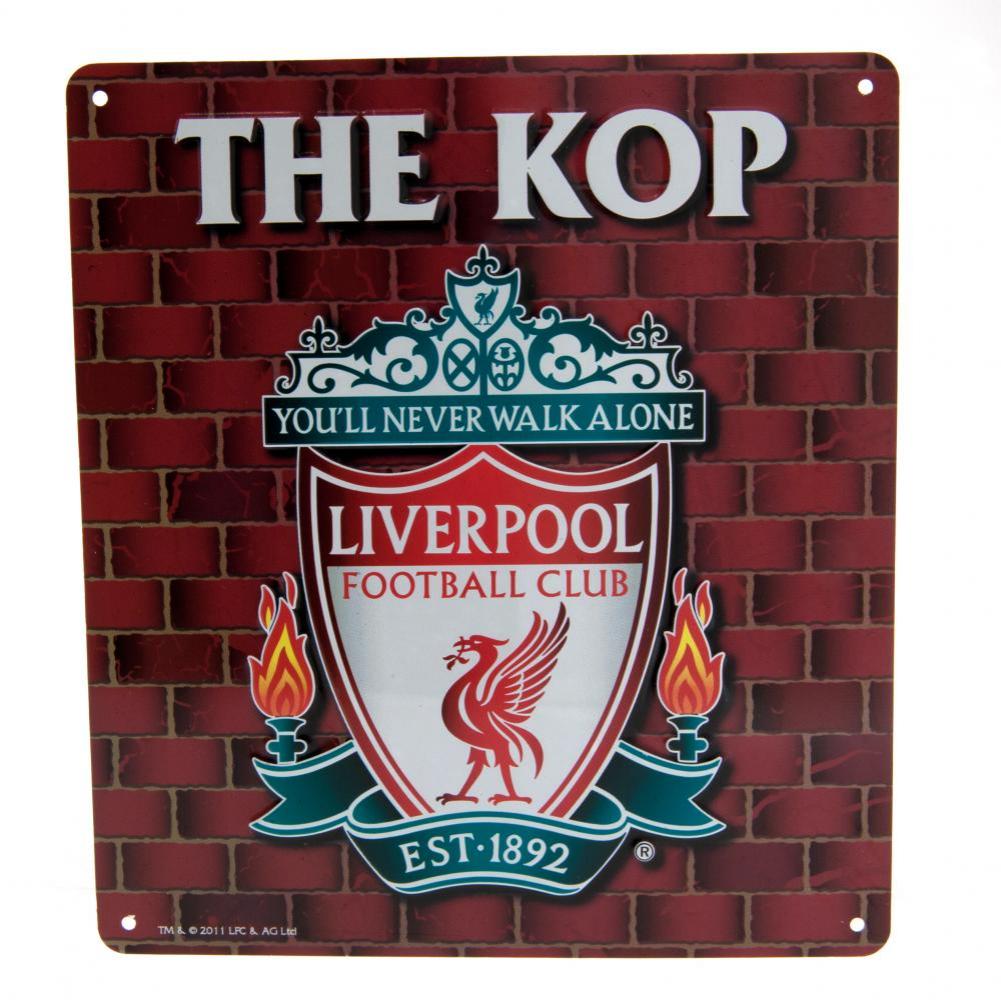 Liverpool FC The Kop Sign LKT Sport Iconic design stamped metal wall sign Featuring a large Liverpool crest and The Kop text Ready to hang on the wall with four small holes for fixing Official licensed product Approx 23cm x 25cm On a header card Novelty S