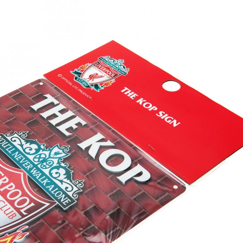 Liverpool FC The Kop Sign LKT Sport Iconic design stamped metal wall sign Featuring a large Liverpool crest and The Kop text Ready to hang on the wall with four small holes for fixing Official licensed product Approx 23cm x 25cm On a header card Novelty S