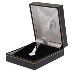 Manchester City FC Silver Plated Tie Slide LKT Sport Classic design tie slide in a mirror finishSilver Plated pin featuring the City crestWith a crocodile clip backOfficial licensed productApprox 50mm x 12mm Tie Clips