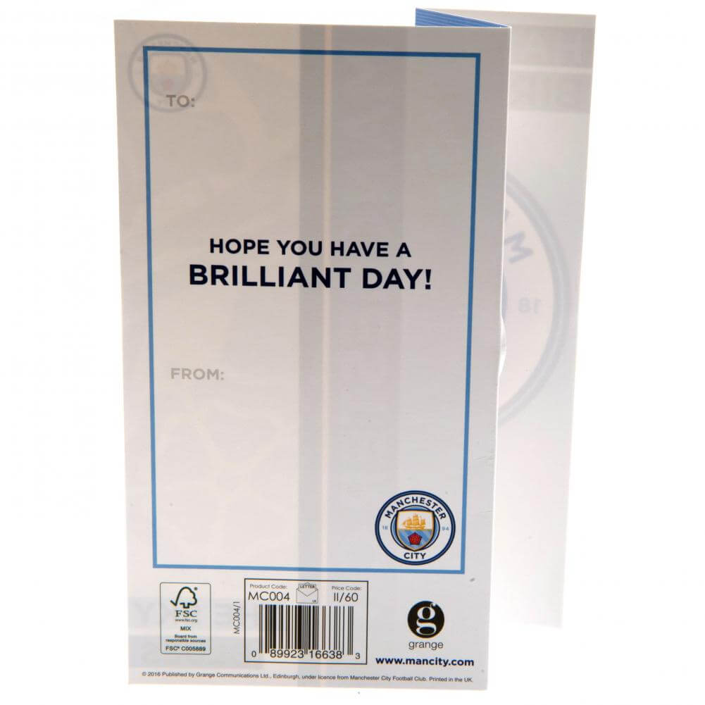 Manchester City FC Sky Blues Birthday Card LKT Sport Colourful gloss finish fold out birthday cardFeaturing a large cut out Man City crest designMessage inside reads 'Hope You Have a Brilliant Day'Official licensed productApprox 22cm x 12cm Greeting Cards