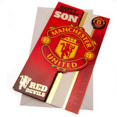 Manchester United FC Son Birthday Card LKT Sport Colourful gloss finish birthday cardFeaturing a large United crest on a stripe design backgroundMessage on the reverse reads 'You're a star! Have a great day'Official licensed productApprox 22cm x 12cm Gree