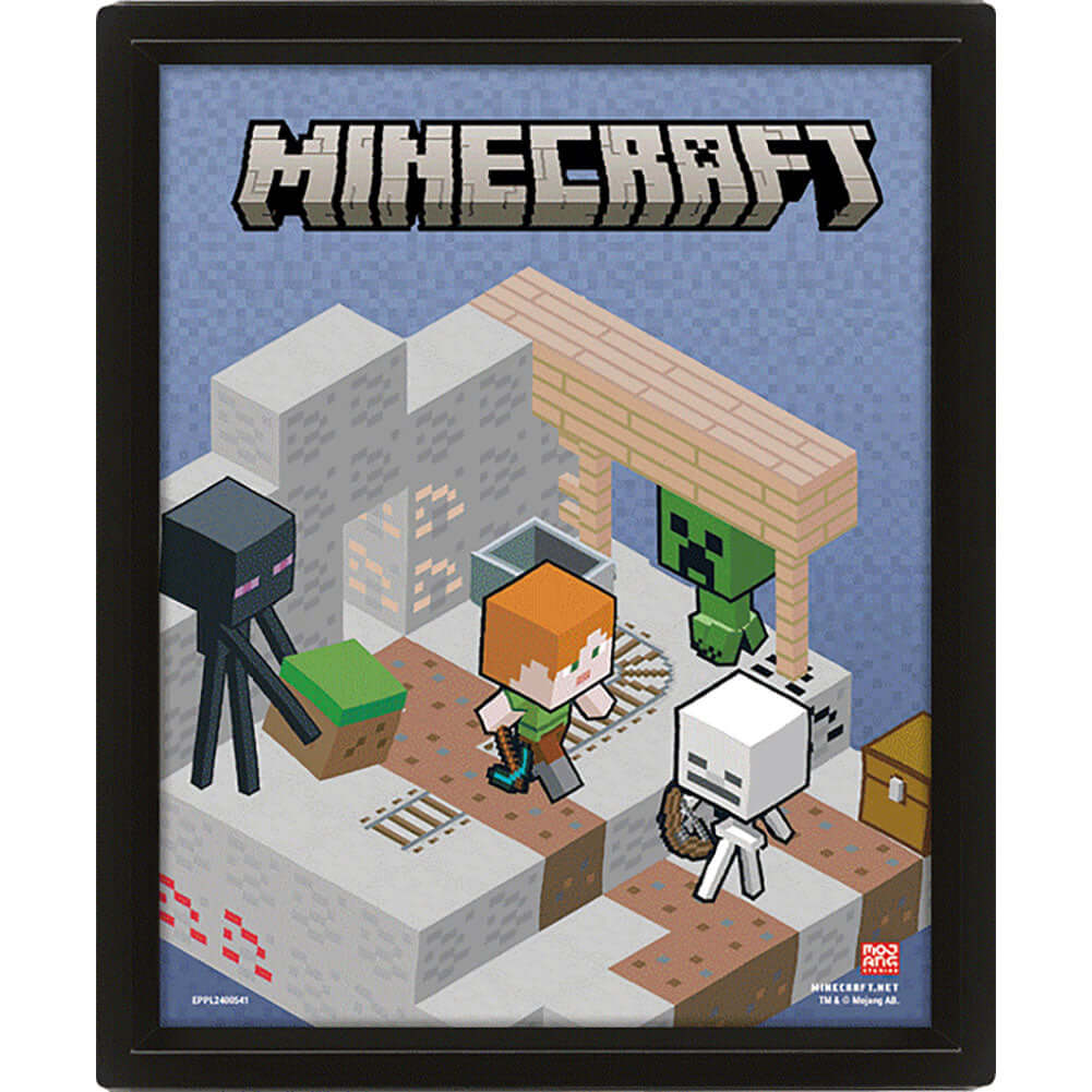 Minecraft Terrain Framed 3D Picture LKT Sport Features a moving image of Minecraft charactersThis awesome 3D lenticular design gives you two images in oneComes ready to hang in a stylish black frameOfficial licensed productApprox 25cm x 20cm (10in x 8in)