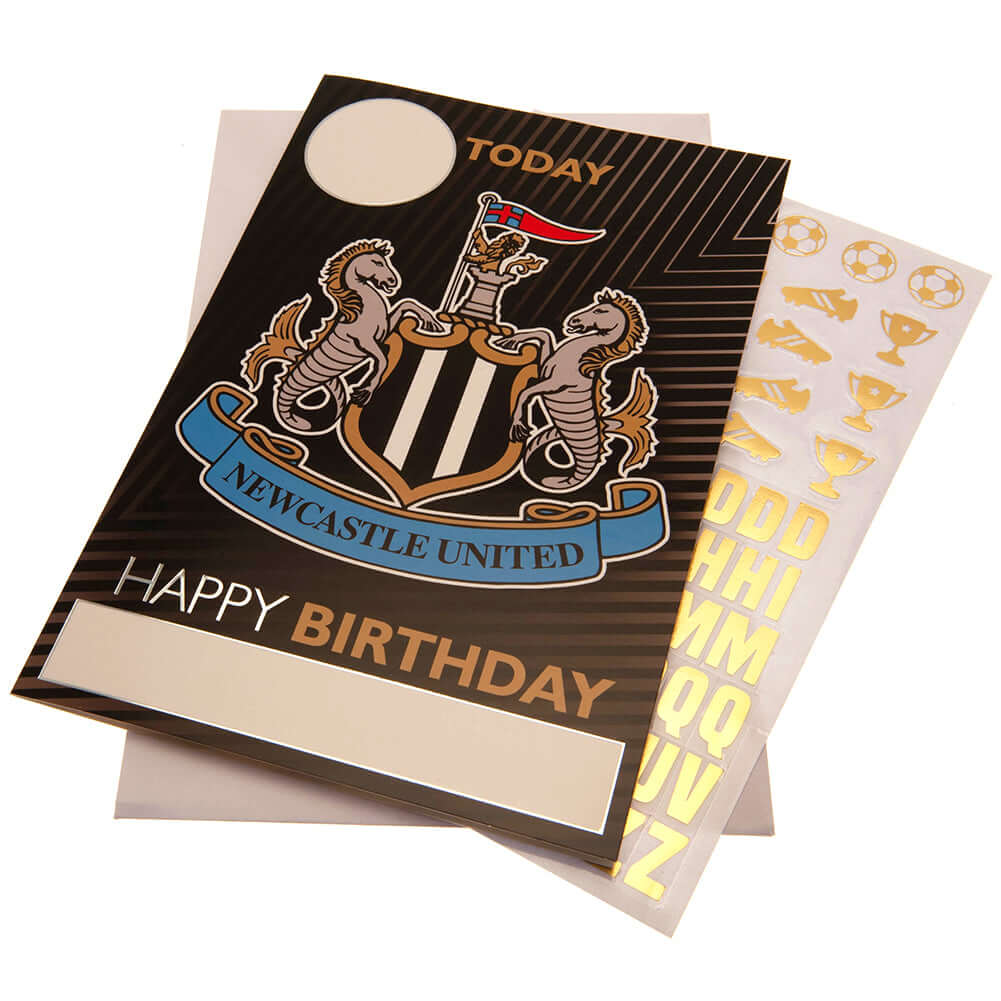 Newcastle United FC Birthday Card With Stickers LKT Sport Vibrant gloss finish birthday cardFeaturing a space on the front to personalise with name and ageIncludes gold stickers to compliment the design of the cardMessage inside reads 'Hope you have a fan