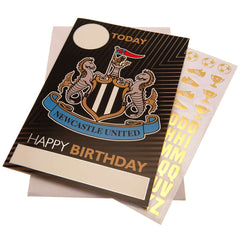 Newcastle United FC Birthday Card With Stickers LKT Sport Vibrant gloss finish birthday cardFeaturing a space on the front to personalise with name and ageIncludes gold stickers to compliment the design of the cardMessage inside reads 'Hope you have a fan