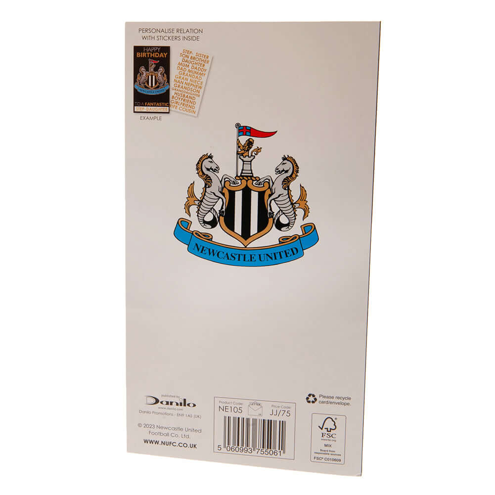 Newcastle United FC Personalised Birthday Card LKT Sport Vibrant gloss finish birthday cardFeaturing a large full colour Newcastle United crest on the front and stadium graphic insideIncludes any family relation stickers for the front of the cardMessage i