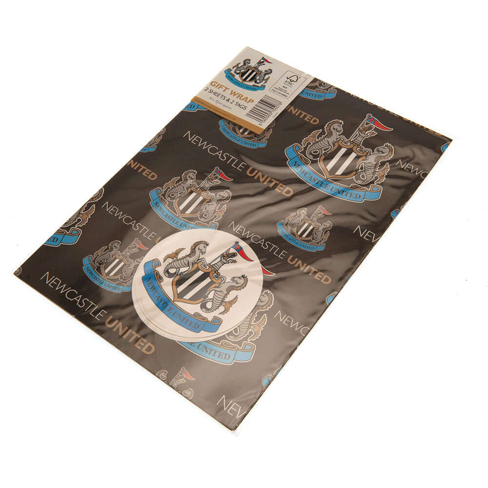 Newcastle United FC Text Gift Wrap LKT Sport Vibrant, colourful gift wrap sheets with tags2 sheets of wrap featuring multiple Newcastle crests and text on a black backgroundComplete with 2 crest shaped gift tagsOfficial licensed productApprox 70cm x 50cm