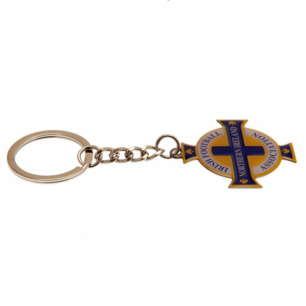 Northern Ireland Crest Keyring LKT Sport Metal crest shaped keyring with chain and split ringDie stamped design with full colour enamel infillMetal alloy with gold style finishOfficial licensed productApprox 40mm x 40mm Keychains