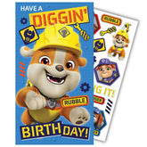 Paw Patrol Birthday Card With Stickers LKT Sport Colourful gloss finish birthday cardFeaturing Rubble on a graphic backgroundWith a character sticker sheet insideMessage inside reads 'Time for adventure, have fun!'Official licensed productApprox 22cm x 15