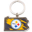 Pittsburgh Steelers State Shape Keyring LKT Sport Metal Pennsylvania state shaped keyring with split ringFeaturing the Steelers logo and team coloursMetal alloy with silver style finishOfficial licensed productApprox 55mm x 35mm Keychains