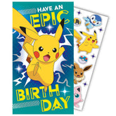 Pokemon Birthday Card With Stickers LKT Sport Colourful gloss finish birthday cardFeaturing Pikachu on a graphic backgroundWith a character sticker sheet insideMessage inside reads 'Get ready for action!'Official licensed productApprox 22cm x 15cm Greetin