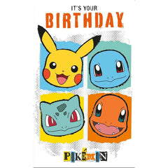 Pokemon Faces Birthday Card LKT Sport Colourful gloss finish birthday cardFeaturing Pikachu, Squirtle, Bulbasaur and CharmanderMessage inside reads 'Hope you have a super day!With a plain white envelopeOfficial licensed productApprox 21cm x 12.5cm Greetin