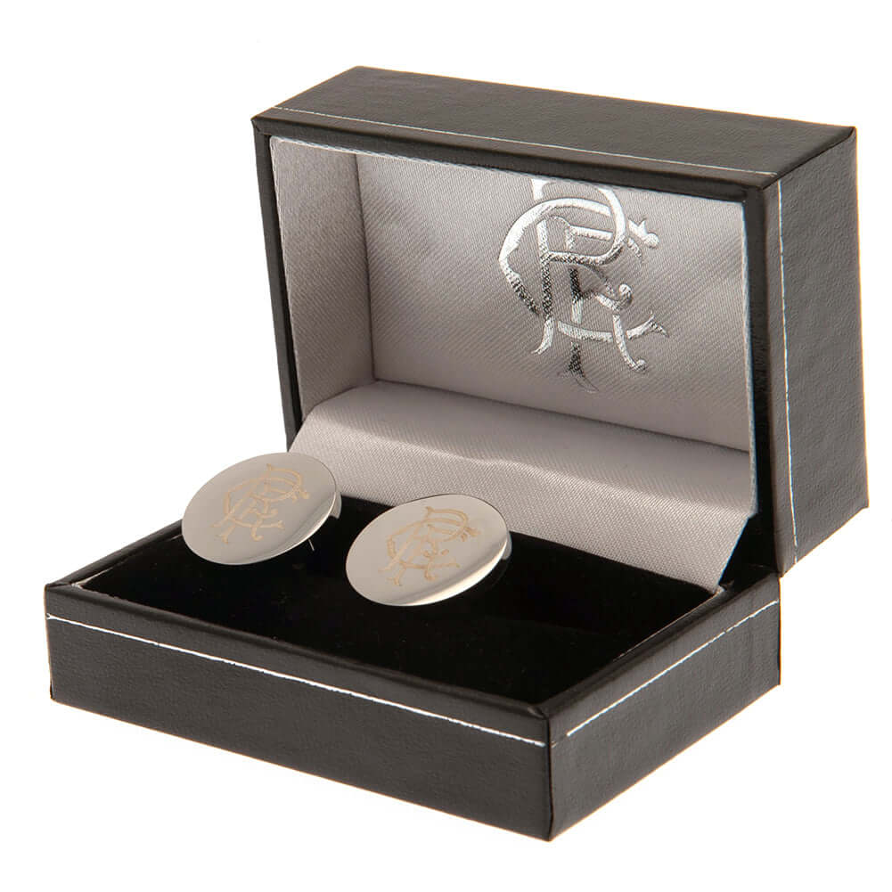 Rangers FC Stainless Steel Round Cufflinks LKT Sport Stainless steel round cufflinks in a chrome finishEach cufflink is engraved with the Rangers FC crestOn a bullet back fixingOfficial licensed productApprox 20mm x 20mm Cufflinks
