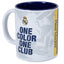Real Madrid CF One Colour One Club Mug LKT Sport Ceramic everyday coffee mughalf and half blue and white fragment design with Real Madrid text on a yellow flashfull colour crest and 'one colour one club' slogan in english and spanishBlue inner with club c
