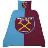 West Ham United FC Colour Split Single Duvet Set LKT Sport Half and half design reversible duvet cover with a large club crest in the centrePillowcase features a large West Ham crestMulti crest design on the reverse52% polyester 48% cotton machine washabl