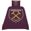 West Ham United FC Crest Single Duvet Set LKT Sport Claret duvet with a Hammer club crest in the centrePillowcase features a large West Ham crestMulti crest design on the reverse52% polyester 48% cotton machine washableOfficial licensed productDuvet appro