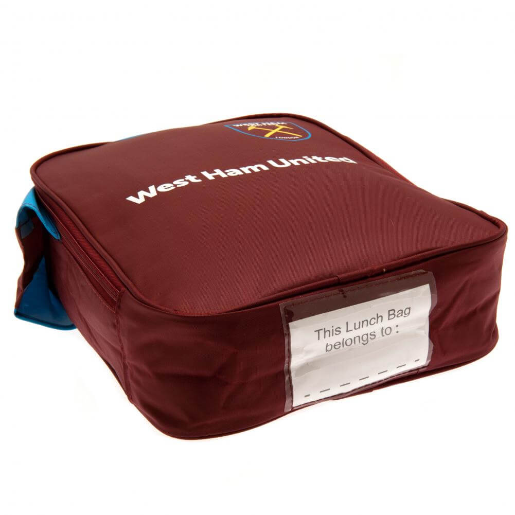 West Ham United FC Kit Lunch Bag LKT Sport Home shirt design lunch bag featuring West Ham United text and club crestDouble zipped opening for easy accessWith carry handle and name tagWipe clean polyesterOfficial licensed productApprox 29cm x 24cm x 7cm Lu