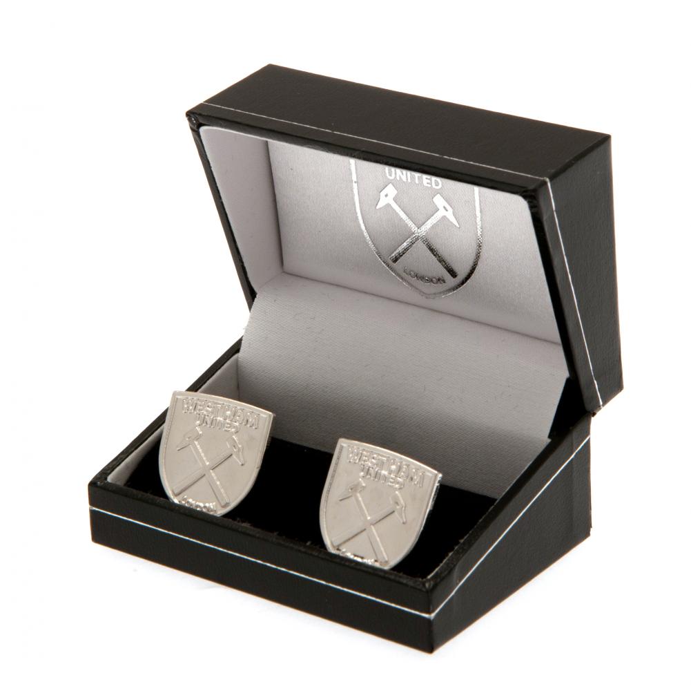 West Ham United FC Silver Plated Formed Cufflinks LKT Sport Silver plated crest shaped cufflinks in a chrome finish Featuring a highly detailed formed Hammers crest On a bullet back fixing Official licensed product Approx 22mm x 18mm Presented in a gift b