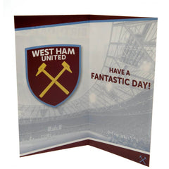 West Ham United FC Stadium Birthday Card LKT Sport Claret and blue gloss finish birthday cardFeaturing a large full colour West Ham crest and stadium graphicMessage inside reads 'Have a Fantastic Day!'Official licensed productApprox 22cm x 12cm Greeting C