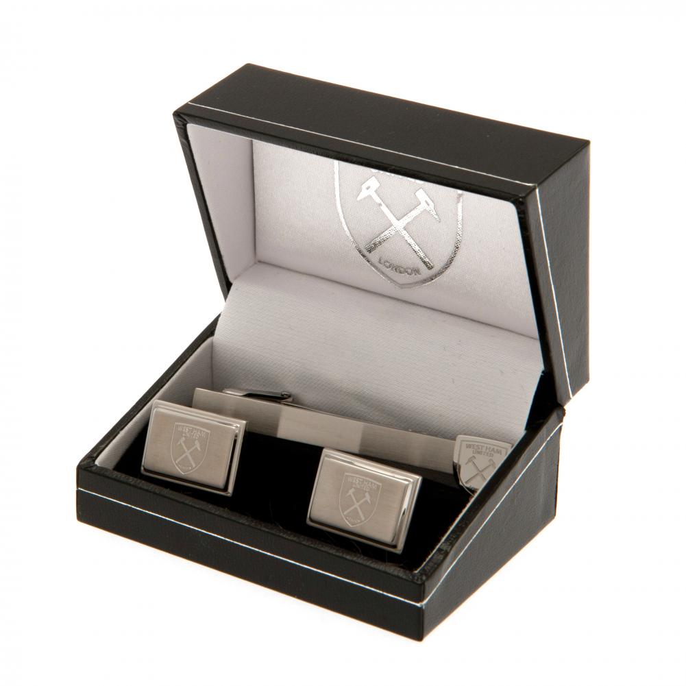 West Ham United FC Tie Slide & Cufflink Set LKT Sport Stylish and discreet design tie slide with executive cufflinks Stainless steel pin featuring the Hammers crest with a crocodile clip back Stainless steel satin finish cufflinks featuring an engraved Ha