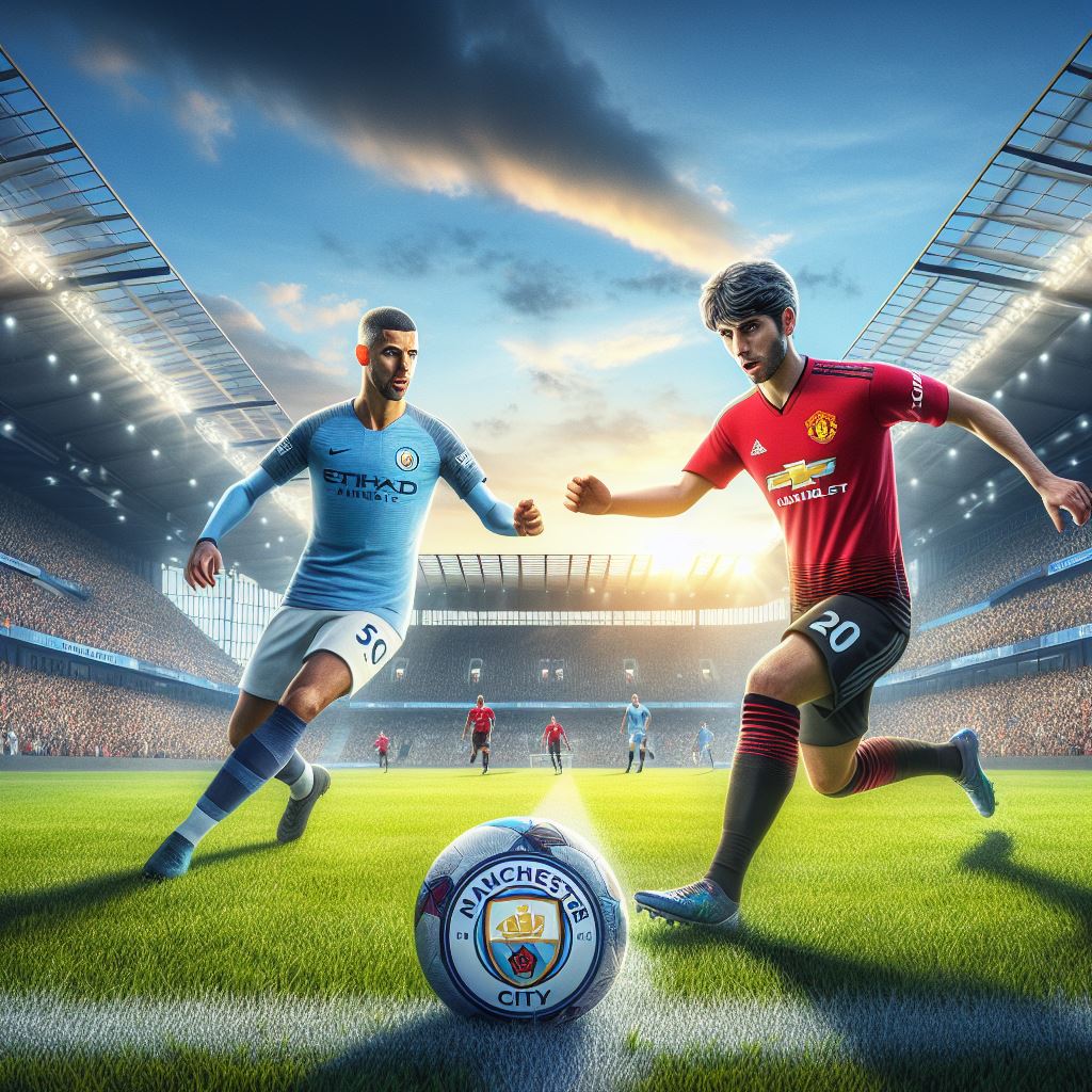 Manchester United Manchester City rivalry, players in action during an intense football match in Manchester.