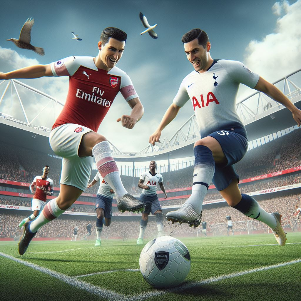 Exciting moment in the North London Derby with players from Arsenal and Tottenham battling for the ball.