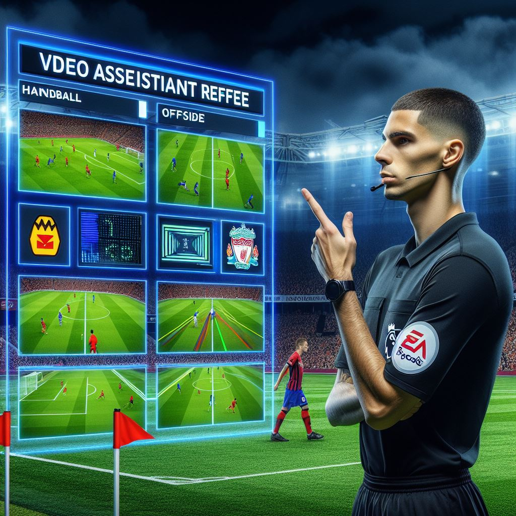 Video Assistant Referee technology impact on VAR officiating in English Premier League matches.