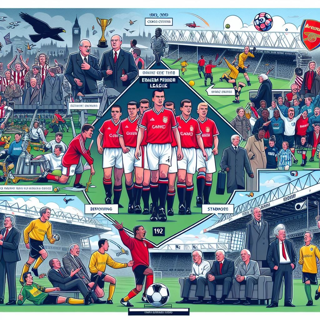 Illustration depicting the history of the English Premier League with key moments, players, and celebrations.