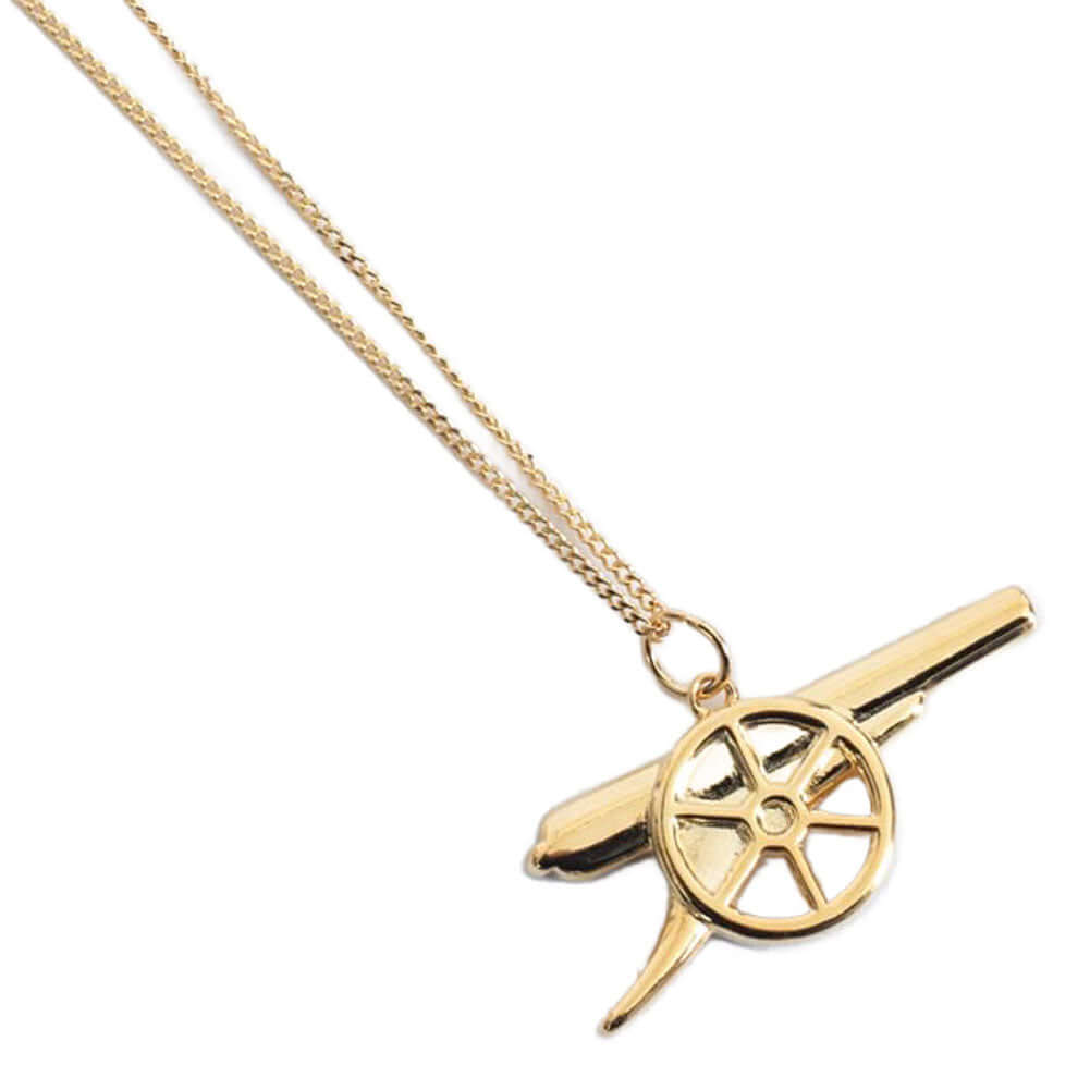Arsenal FC 18ct Gold Plated on Silver Cannon Pendant & Chain LKT Sport 18ct Gold Plated on Sterling Silver pendant and necklaceFeaturing the Arsenal cannon pendant on the chain necklaceWith a lobster claspOfficial licensed productChain approx 49cm (19in)P