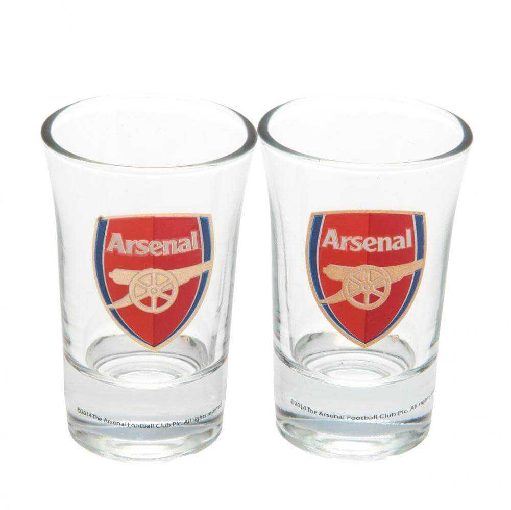 Arsenal FC 2pk Shot Glass Set LKT Sport Set of 2 shot glassesFeaturing full colour Arsenal FC club crestOfficial licensed productApprox 50ml (2oz)Approx 7cm tall, 4cm in diameter Shot Glasses