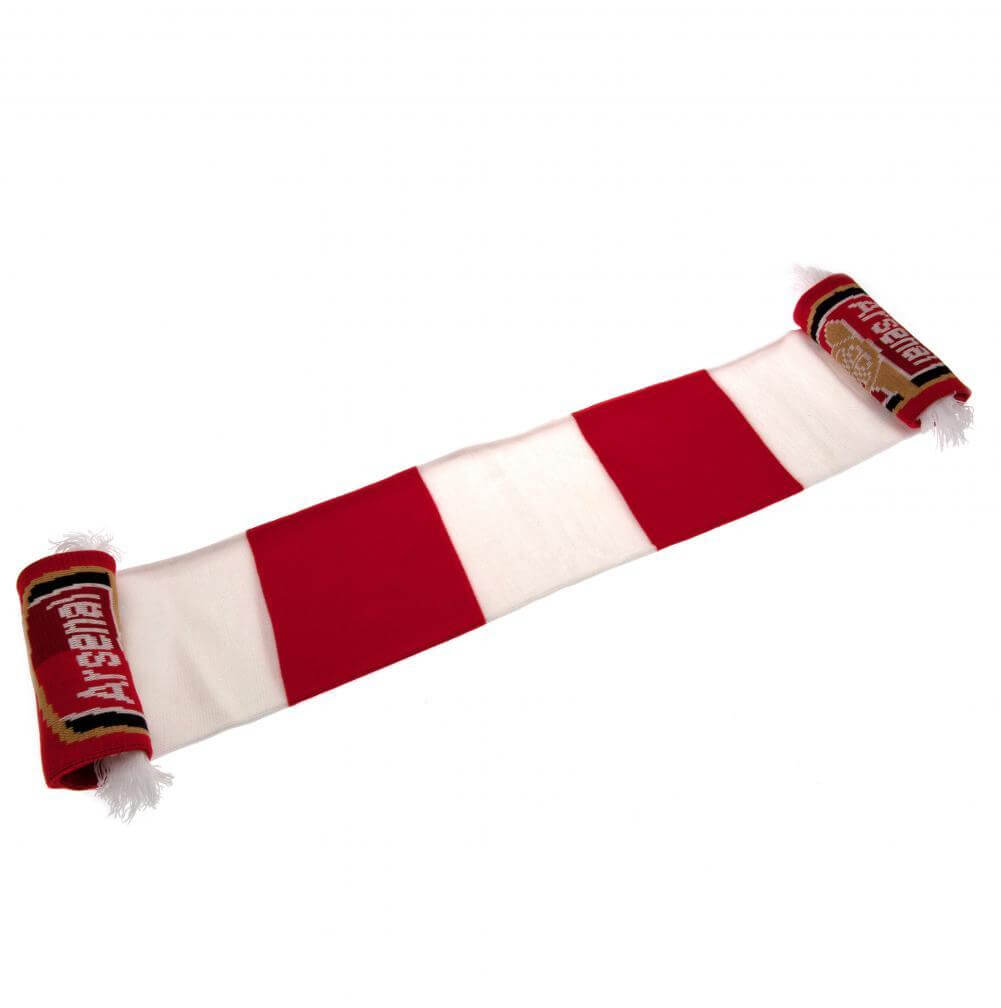 Arsenal FC Bar Scarf LKT Sport Red and white bar stripe design jacquard knit scarf with white fringeBoth sides feature a large Arsenal club crest at each endOfficial licensed productApprox 132cm x 19cm Scarves