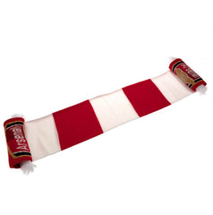 Arsenal FC Bar Scarf LKT Sport Red and white bar stripe design jacquard knit scarf with white fringeBoth sides feature a large Arsenal club crest at each endOfficial licensed productApprox 132cm x 19cm Scarves