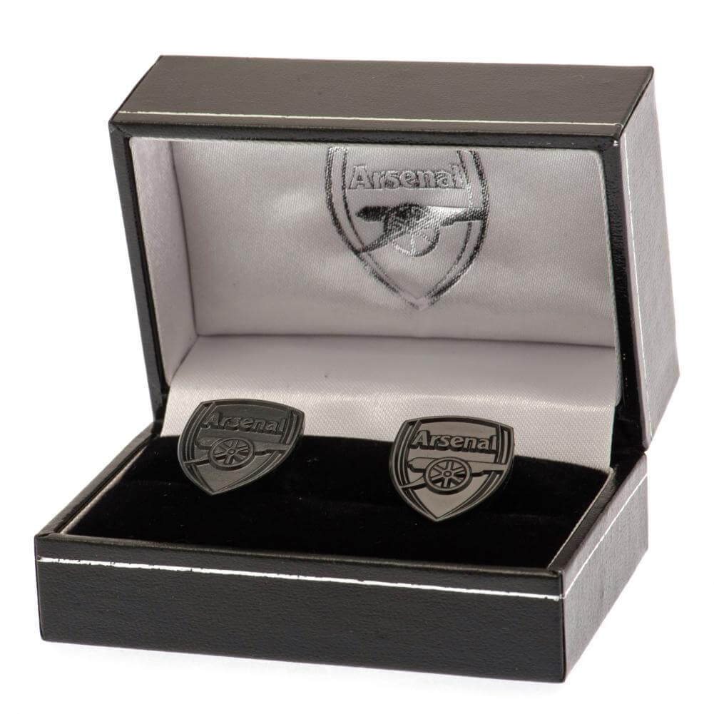 Arsenal FC Black IP Cufflinks LKT Sport Stainless steel crest shaped cufflinks coated in a black Ion PlatingFeaturing a highly detailed formed Arsenal crestOn a bullet back fixingOfficial licensed productApprox 20mm x 16mm Cufflinks