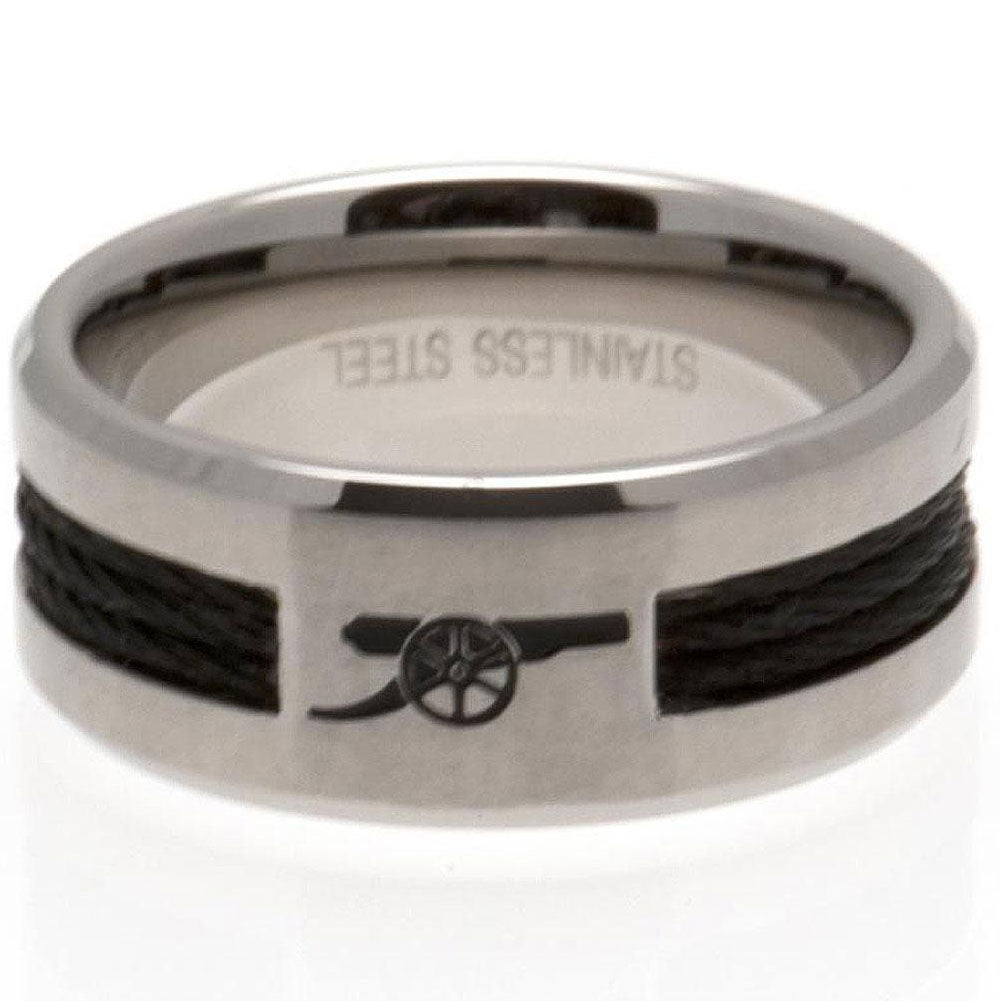 Arsenal FC Black Inlay Ring Large LKT Sport Stainless steel ring featuring a black rope insertBrushed satin finish and engraved with the Arsenal cannonOfficial licensed productInternal diameter approx 21mmRing size X Rings
