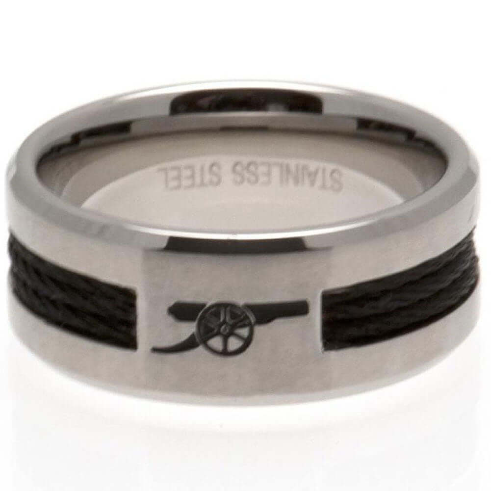 Arsenal FC Black Inlay Ring Small LKT Sport Stainless steel ring featuring a black rope insertBrushed satin finish and engraved with the Arsenal cannonOfficial licensed productInternal diameter approx 19mmRing size R Rings